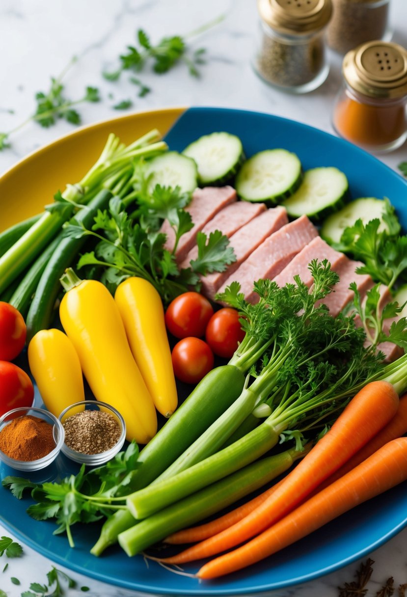 A colorful array of fresh vegetables and lean proteins arranged on a plate, surrounded by herbs and spices